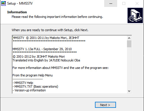 MMSSTV installer information screen
