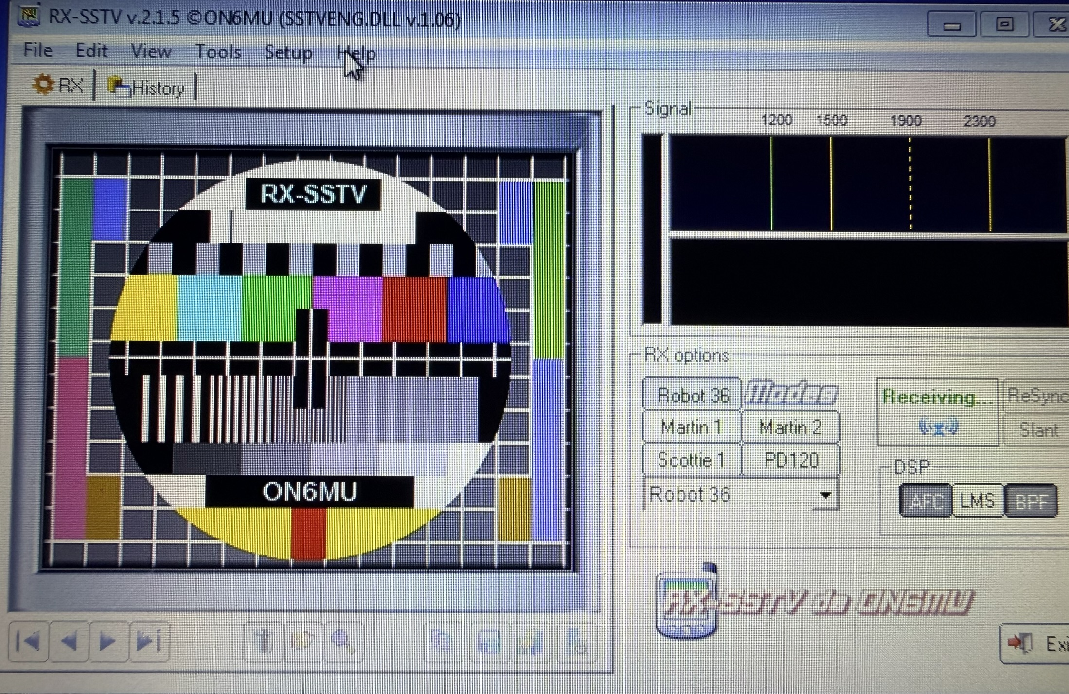RX-SSTV v2.1.5 receive window showing the SSTV image display, spectrum, mode selection and DSP controls