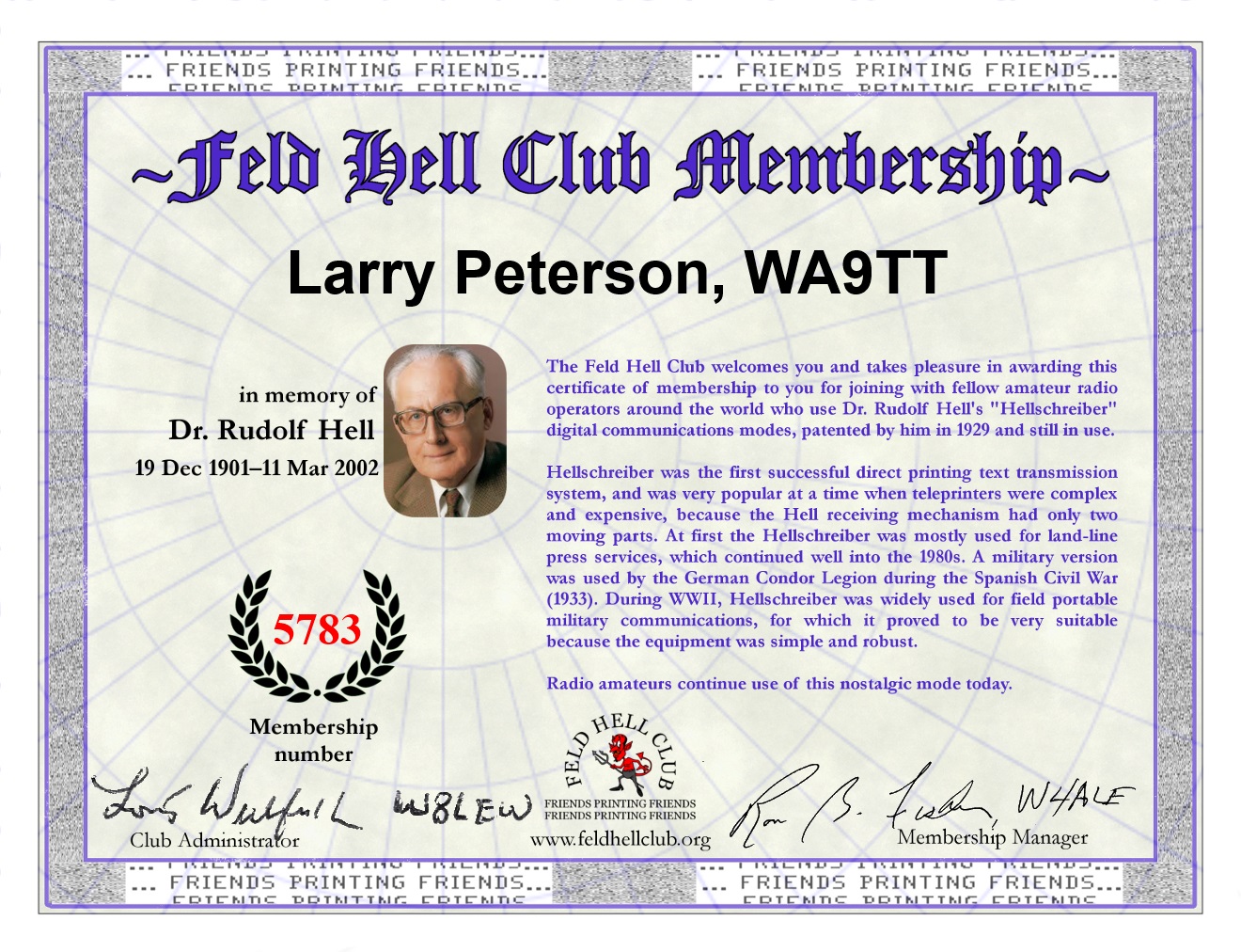 Feld Hell Club membership certificate for Larry Peterson WA9TT