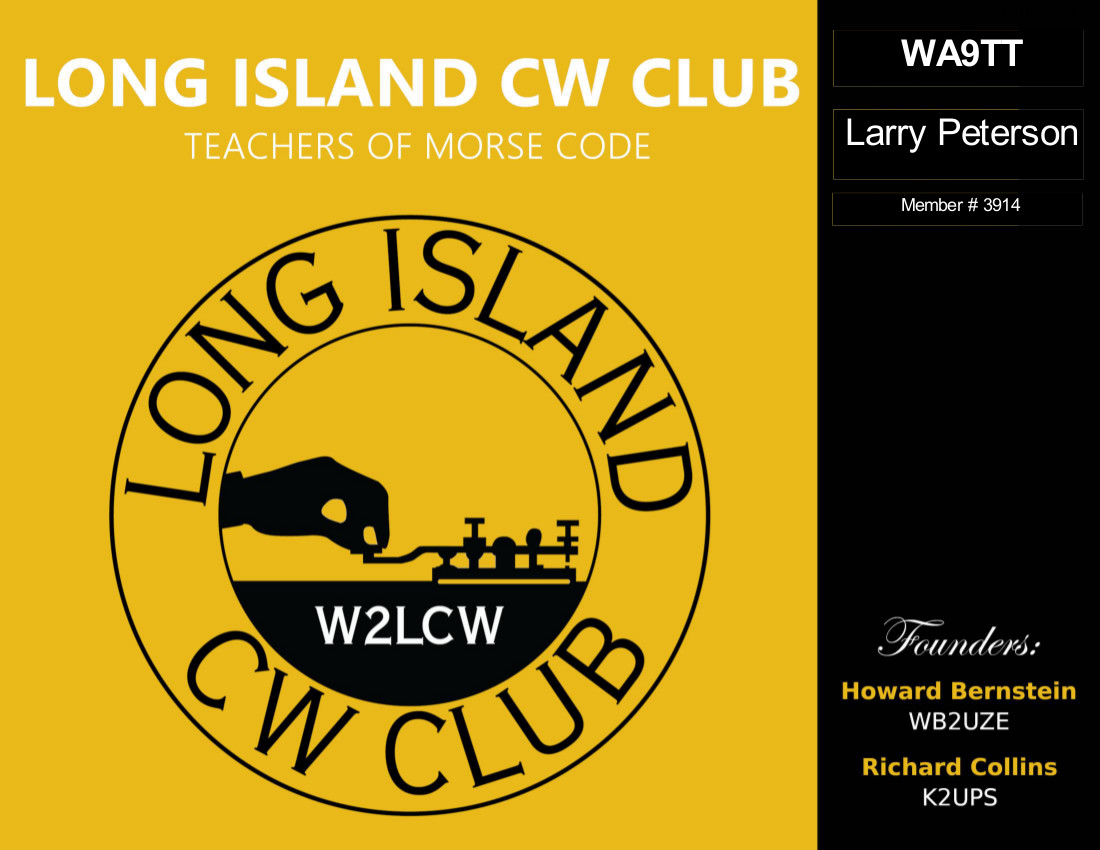 Long Island CW Club membership graphic for Larry Peterson WA9TT