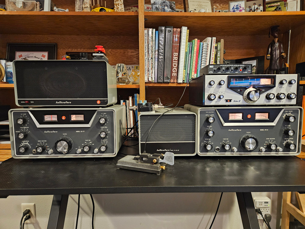 Vintage Hallicrafters and Ten-Tec equipment in Larry WA9TT's shack