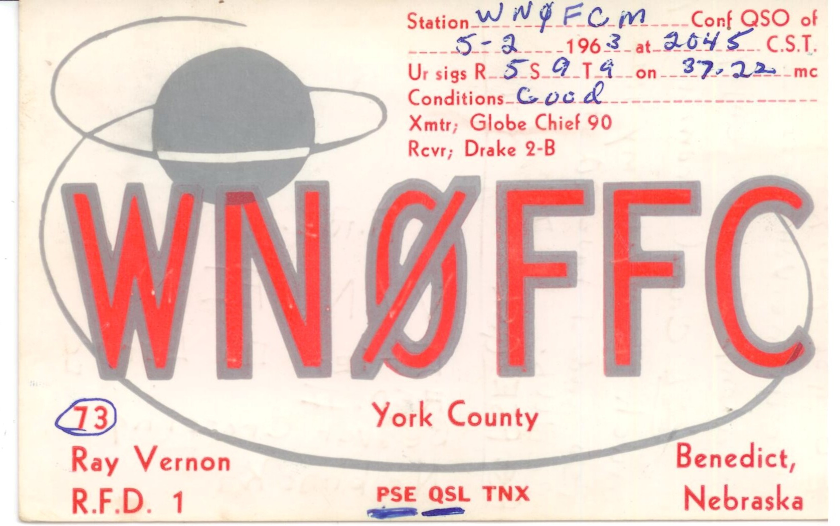 Original WN0FFC QSL card confirming Larry Peterson's first amateur radio QSO on May 2, 1963
