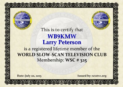 World Slow-Scan Television Club lifetime membership certificate for Larry Peterson WB9KMW